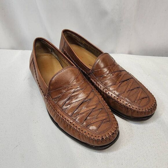 Brass Boot Woven Leather Loafer Shoes Mens Size 11M Brown Basket Weave Sheepskin - Picture 1 of 10